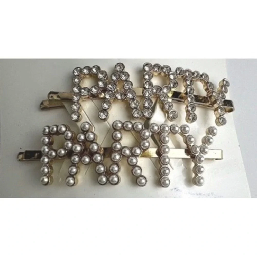 H&M‎ PARTY Hair Clip Set Gold Tone Rhinestone Pearl Bobby Pins 2pc New Chic J-01